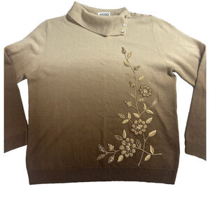 Alfred Dunner Sweater Womens Ombre Embroidered Brown Turtleneck Wool Blend